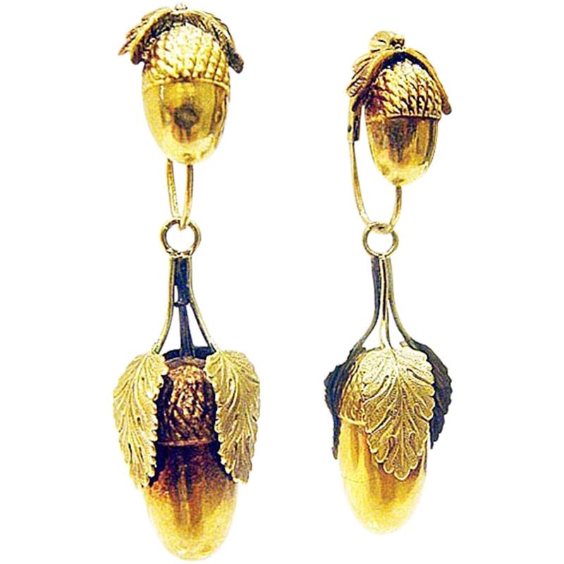 Earrings Antique French 18k Gold Acorns Day Night 19C (4744)