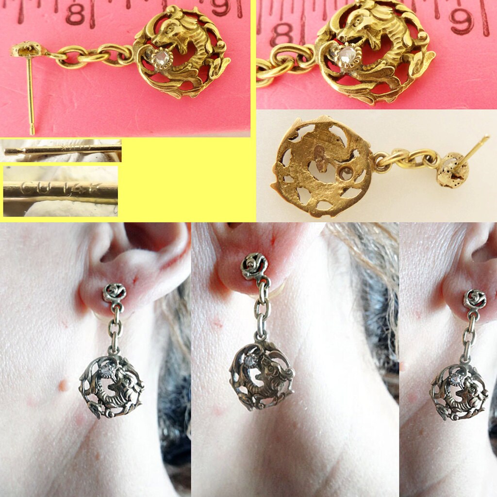 Antique Chinese Dragon ear Pendant Earrings Gold Diamonds openwork (5417)