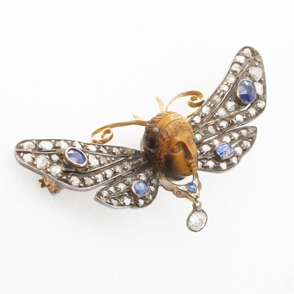 Antique Brooch Pendant Gold Diamonds Sapphires Mercury Butterfly Appraisal (6103