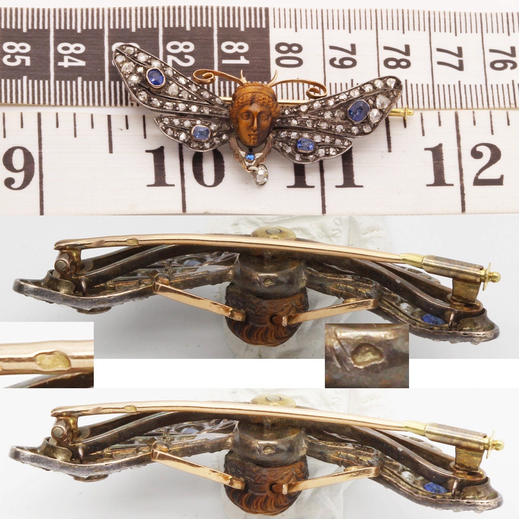 Antique Brooch Pendant Gold Diamonds Sapphires Mercury Butterfly Appraisal (6103