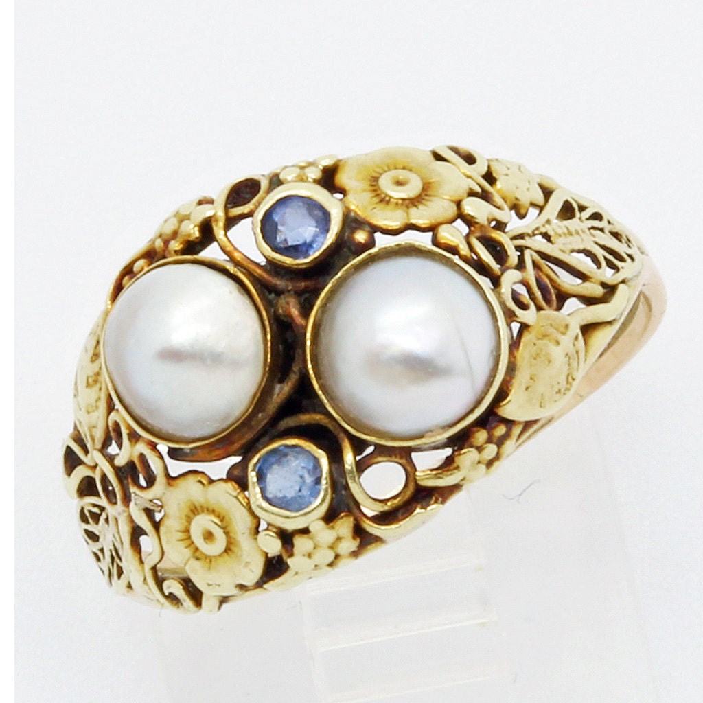 Antique Arts & Crafts Ring 14k Gold Pearls Topaz American Art Deco (6137)