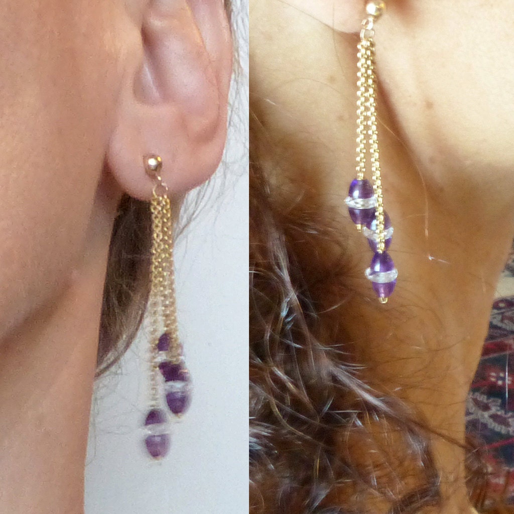 Art Deco Earrings Gold Carved Amethyst Rock Crystal Move Swing Dangle (6162)