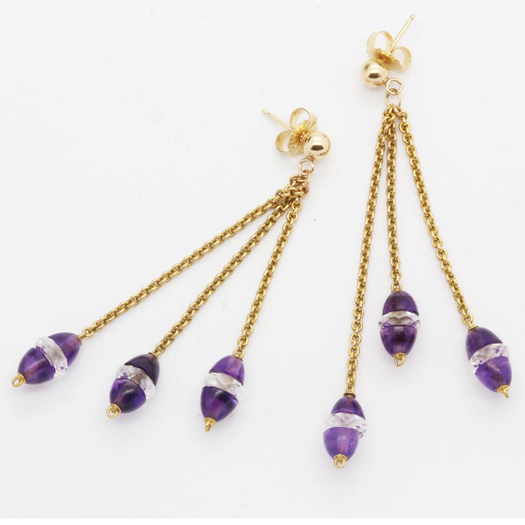 Art Deco Earrings Gold Carved Amethyst Rock Crystal Move Swing Dangle (6162)
