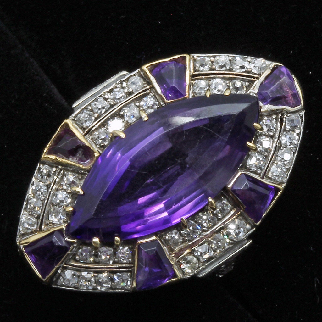 Vintage Ring Retro Diamonds Amethyst 14k White & Yellow Gold w Appraisal (6171)