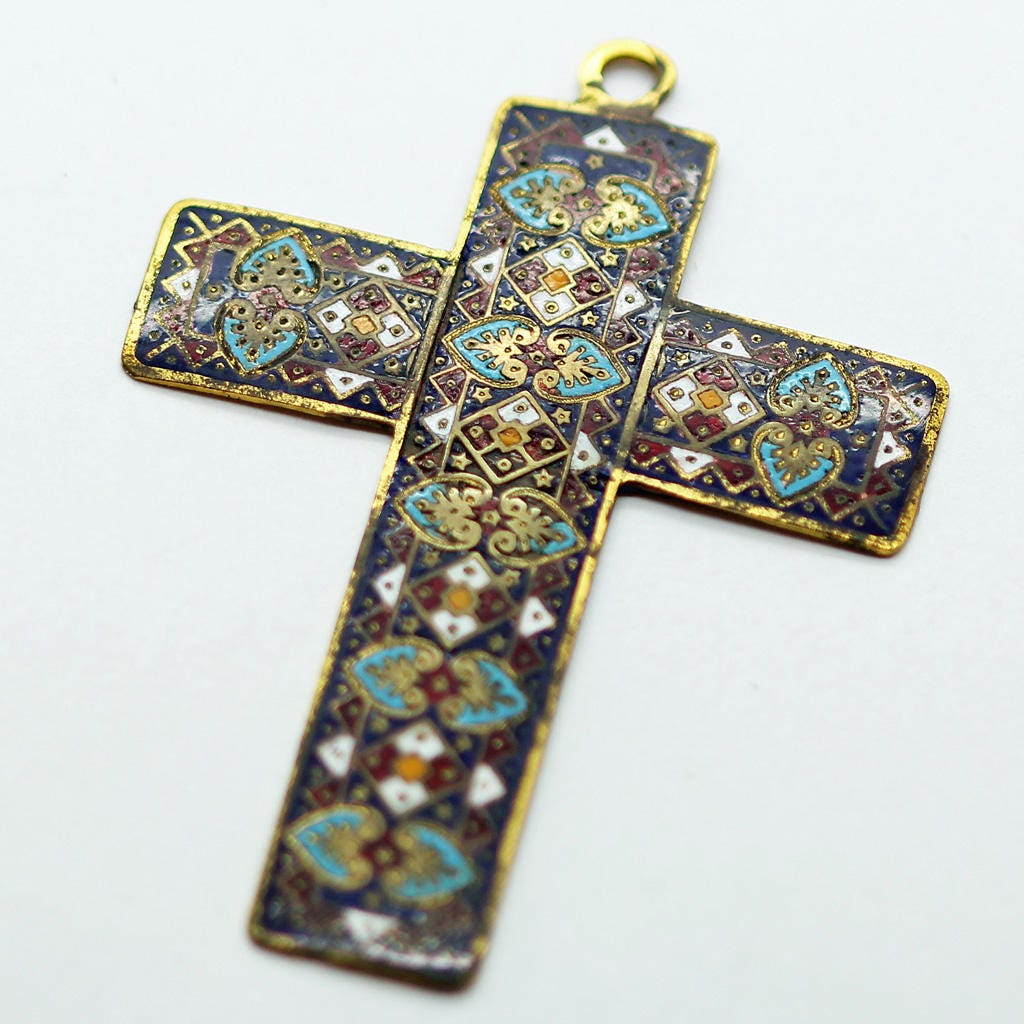 Antique Renaissance Cross Pendant Gold Enamel w Victorian Gold Case Unisex (6165