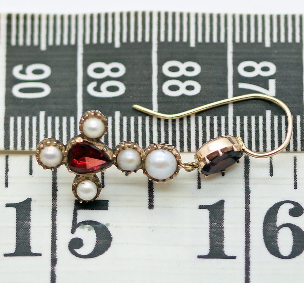 Antique Victorian Earrings Cross Ear Pendants 14k Gold Garnets Pearls (6215)