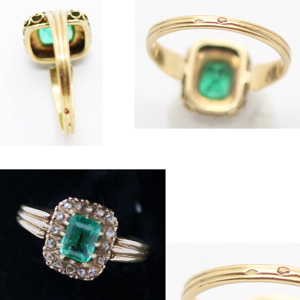 Antique Georgian Ring 18k Gold Emerald Diamonds French (6233)