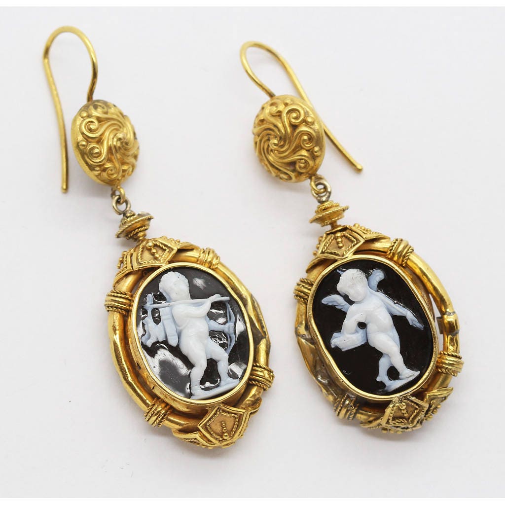 Antique Archaeological Revival Earrings Gold Carved Cameos Luigi Rosi (6281)