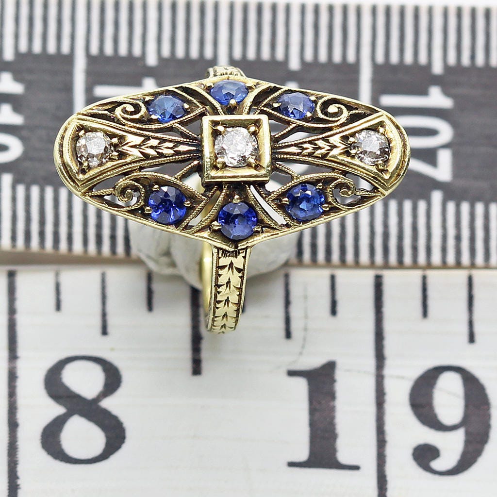 Antique Arts and Crafts Art Nouveau Ring 14k Gold Sapphires Diamonds (6283)