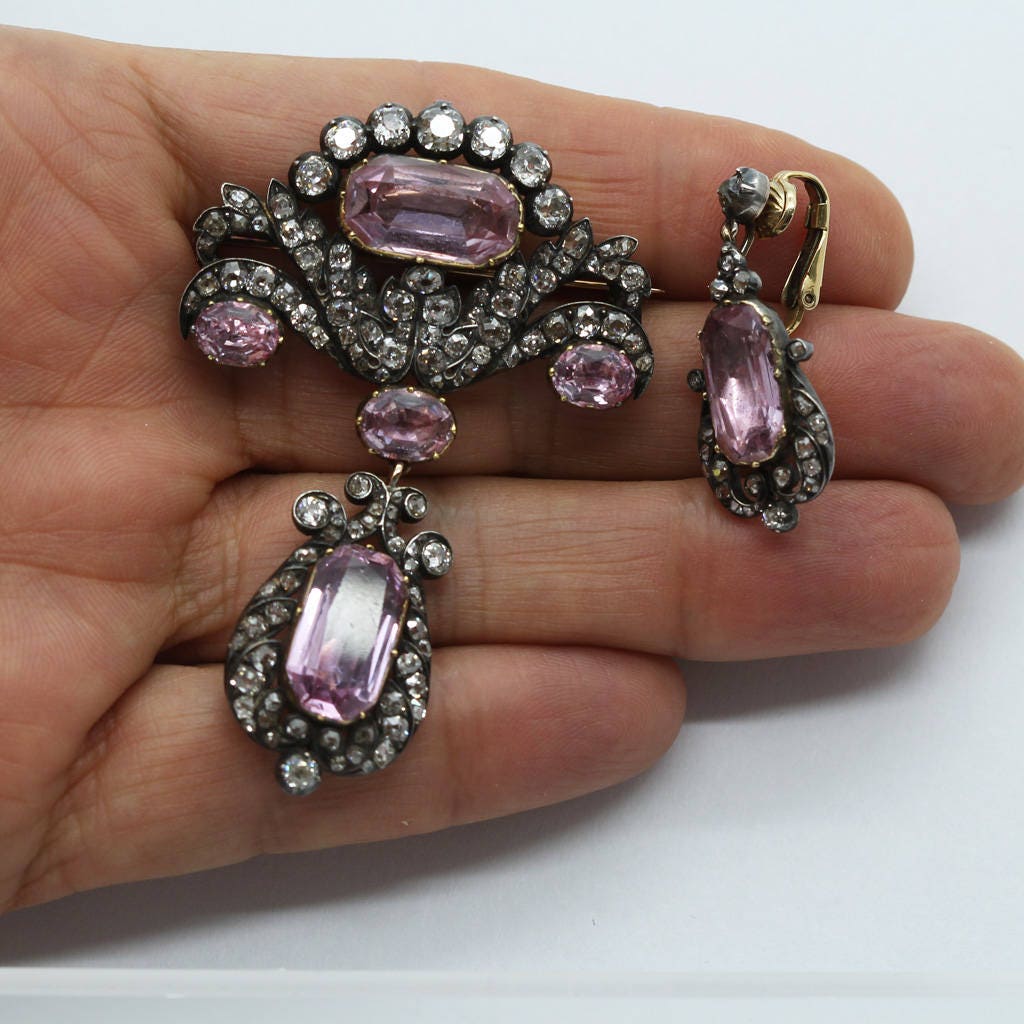 Antique Brooch Pendant Earrings Diamonds Pink Topaz Gold Set w Appraisal (6306