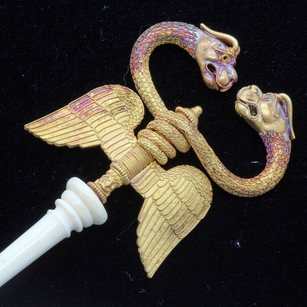 Castellani Caduceus Hairpin Snakes Dragons Wings Gold Filigree (6164)