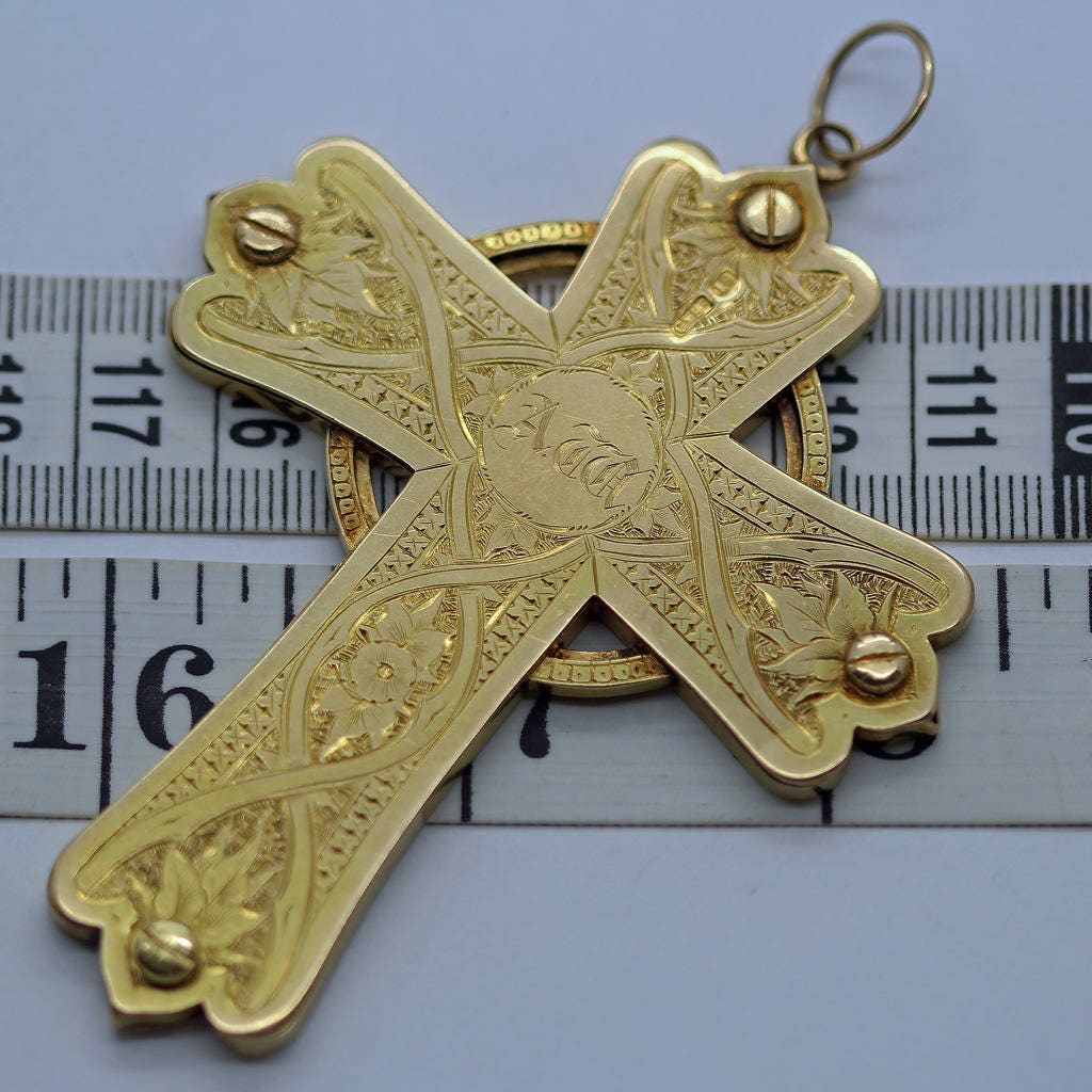 Antique Renaissance Cross Pendant Gold Enamel w Victorian Gold Case Unisex (6165