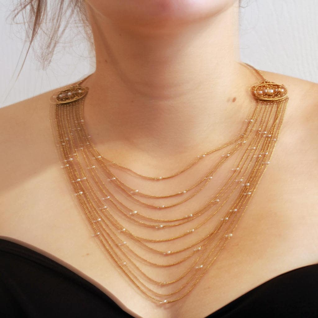 Antique Victorian Etruscan Revival Necklace 14 18k Gold Pearls Cannetille (6356)