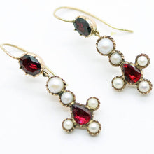 Antique Victorian Earrings Cross Ear Pendants 14k Gold Garnets Pearls (6215)