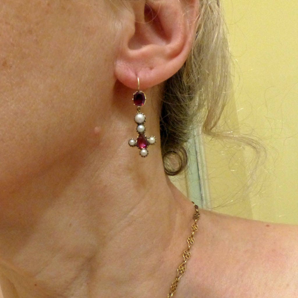 Antique Victorian Earrings Cross Ear Pendants 14k Gold Garnets Pearls (6215)
