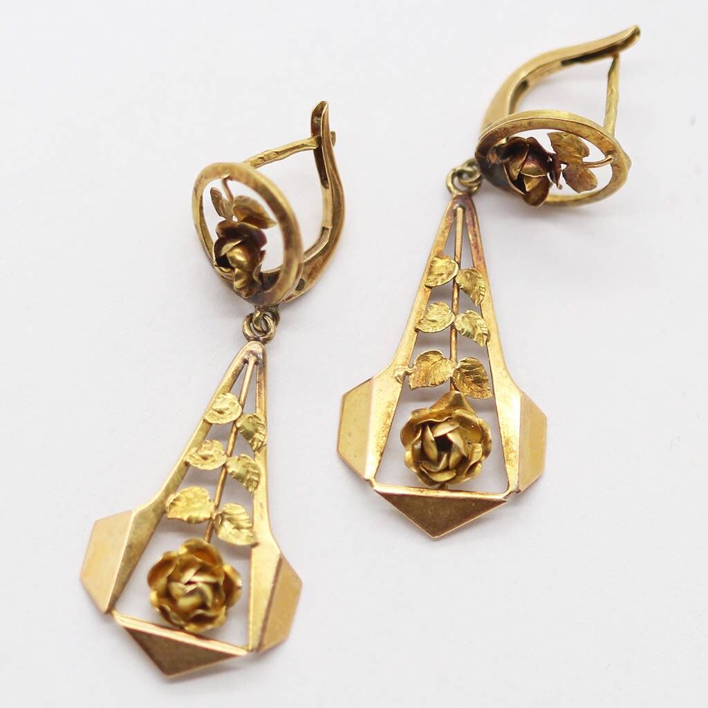 Antique Vintage Art Deco Earrings Ear Pendants French 18k Gold Roses (6226)