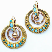 Antique Earrings Gold Turquoise Hoops Victorian Italian Classic Revival (6240)