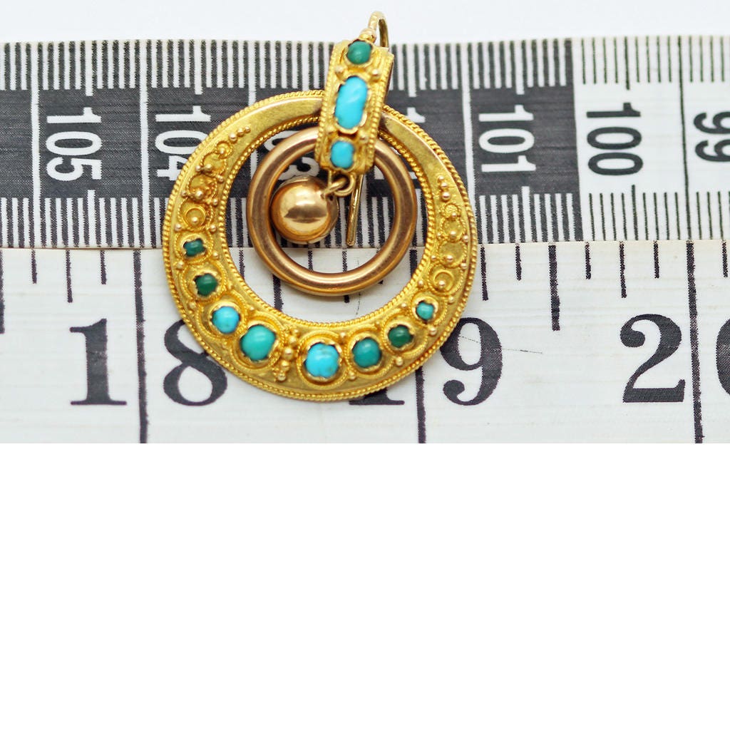 Antique Earrings Gold Turquoise Hoops Victorian Italian Classic Revival (6240)