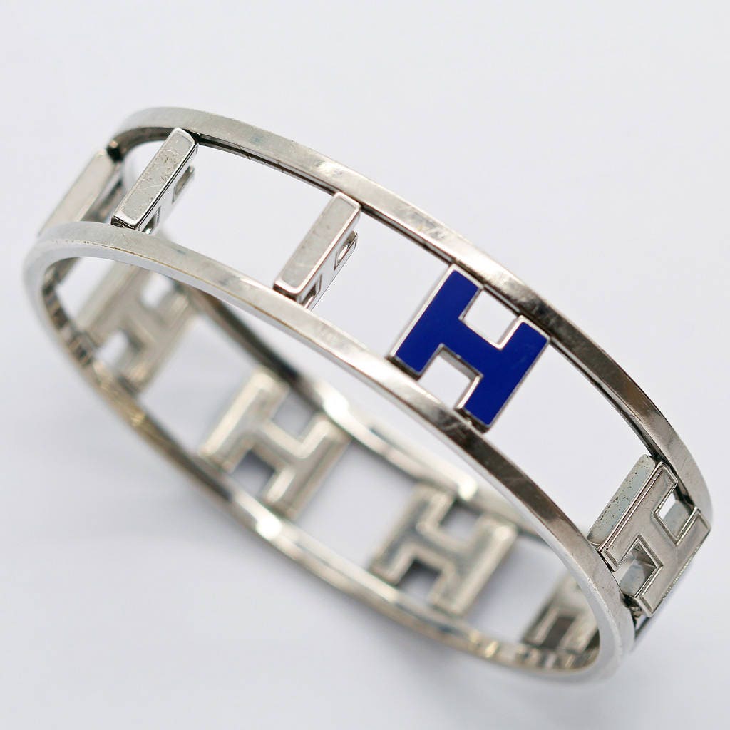 Hermes H Bangle Vintage Retired Blue Enamel Multiple H's Swivels Reverse (6258)