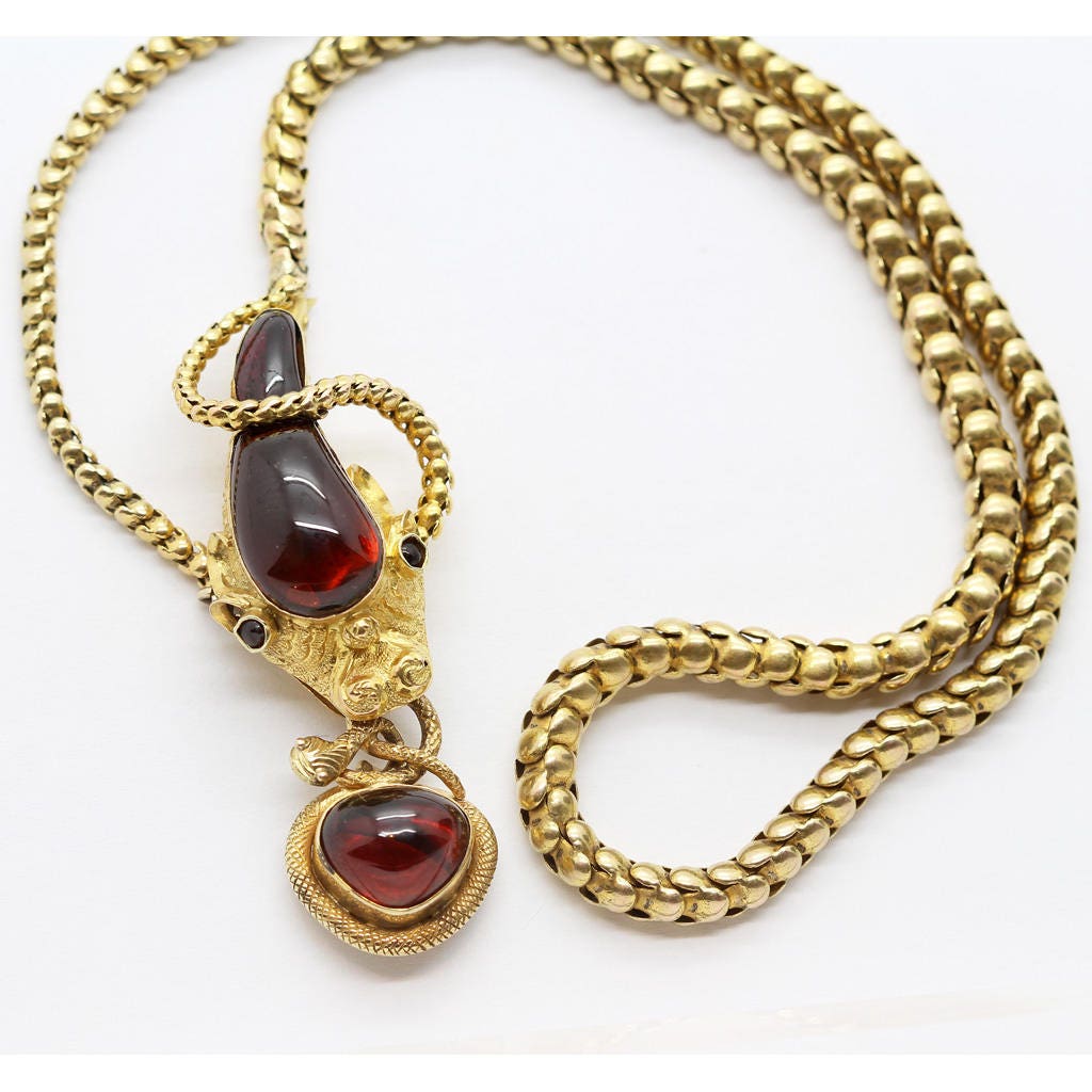 Antique Victorian Snake Necklace Snake Locket 14k Gold Garnet Carbuncle (6279)