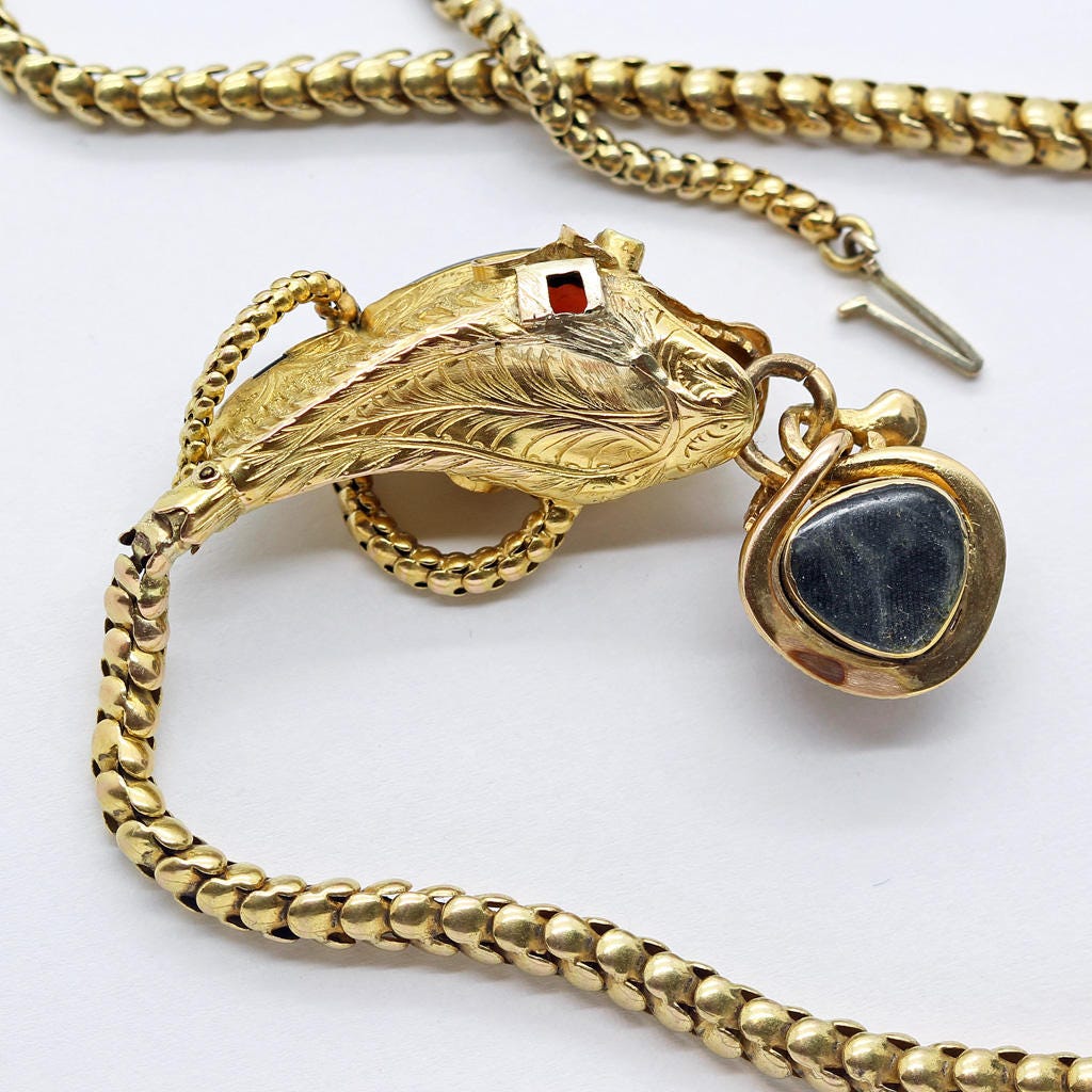 Antique Victorian Snake Necklace Snake Locket 14k Gold Garnet Carbuncle (6279)