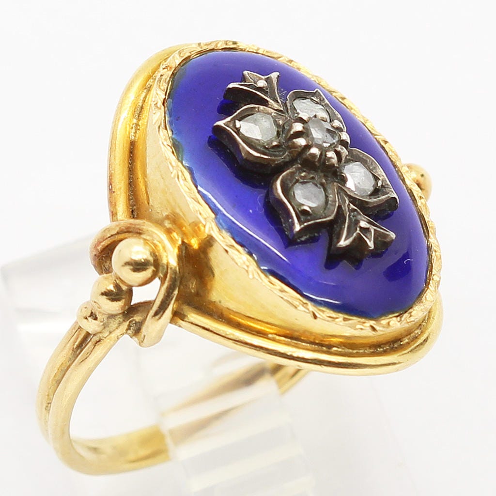 Antique Victorian Ring 18k Gold Rose Cut Diamonds Blue Enamel c1850 (6324)