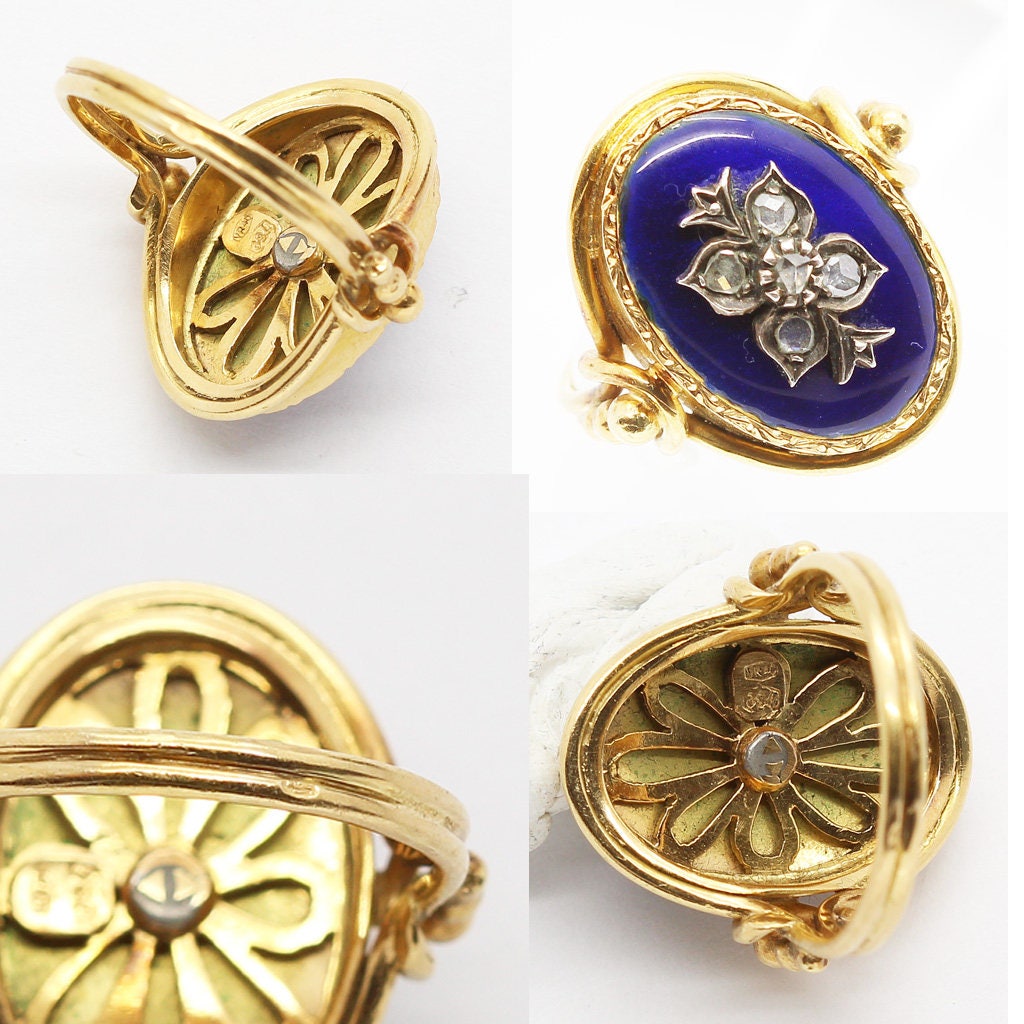 Antique Victorian Ring 18k Gold Rose Cut Diamonds Blue Enamel c1850 (6324)