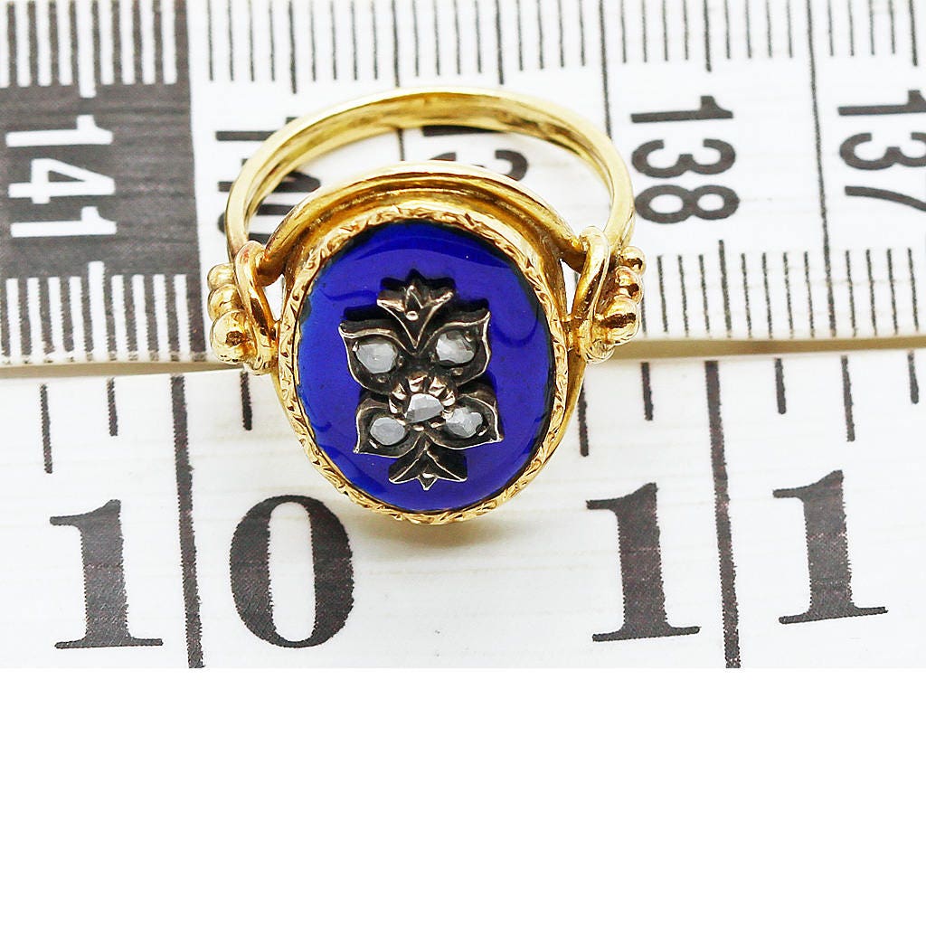 Antique Victorian Ring 18k Gold Rose Cut Diamonds Blue Enamel c1850 (6324)