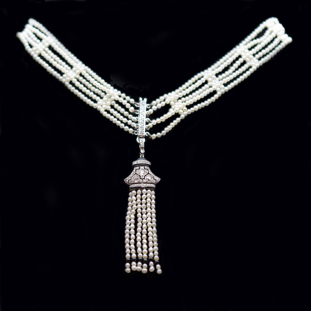 Art Deco Necklace Natural Pearls Diamonds Onyx Gold Mauboussin w Appraisal (6208