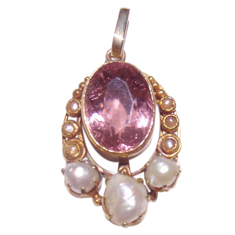 Antique Pendant Arts Crafts Gold Pink Tourmaline 11.19ct Pearl w appraisal(5231)