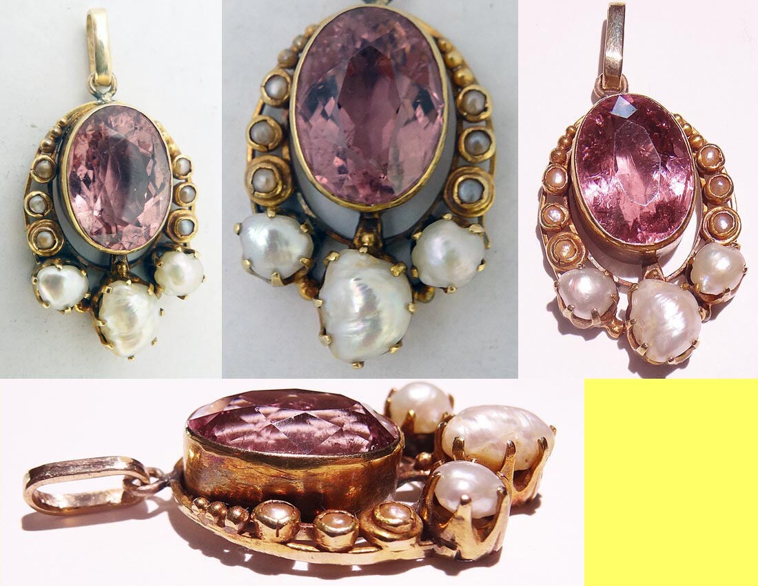 Antique Pendant Arts Crafts Gold Pink Tourmaline 11.19ct Pearl w appraisal(5231)