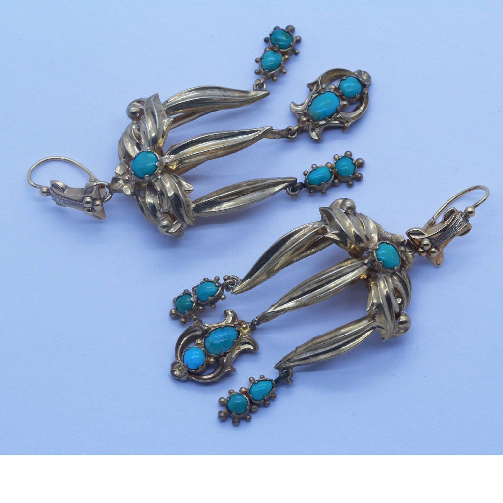 Antique Victorian French Earrings 18k gold turquoise Roman Revival Day Night(4378)