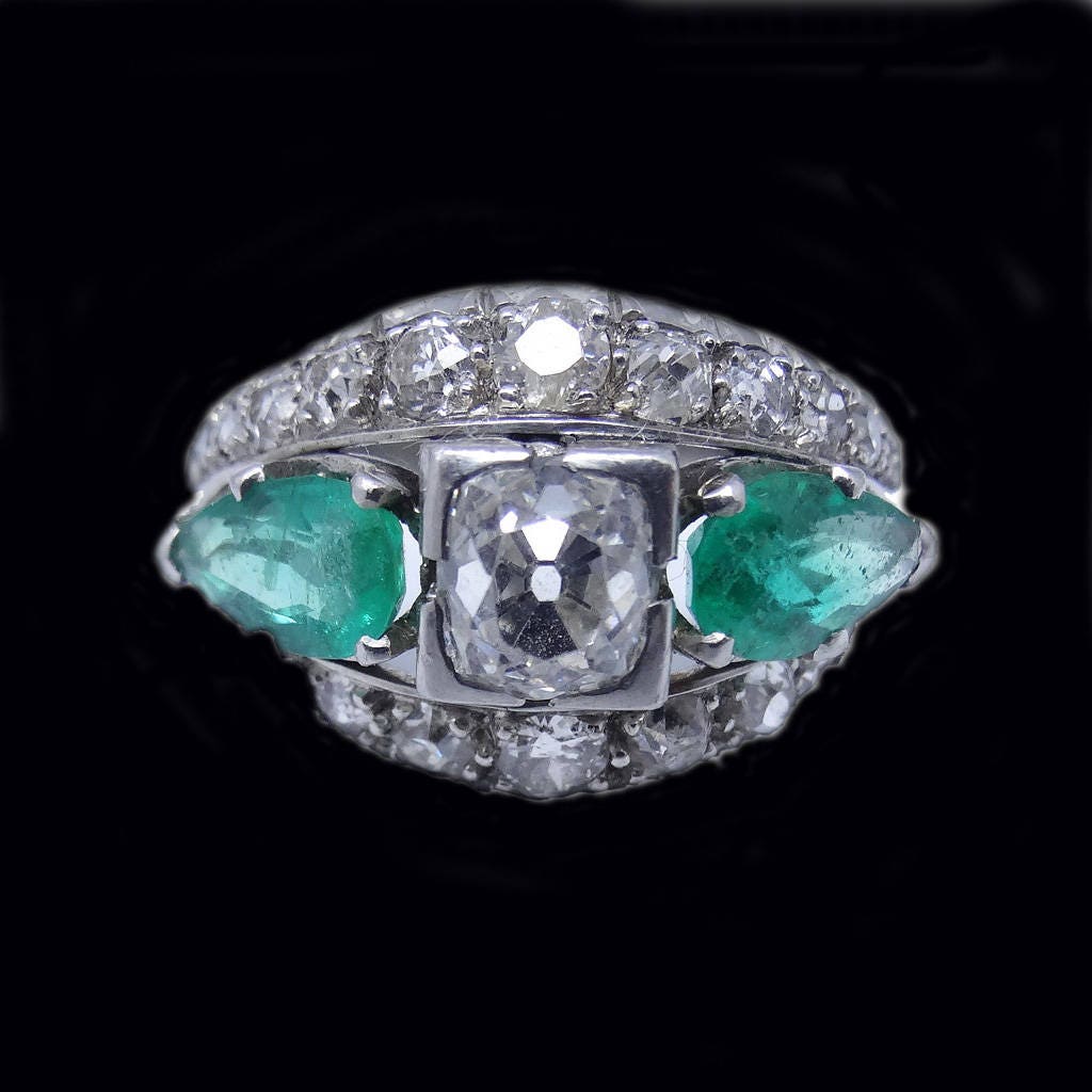 Vintage Retro Ring Diamonds Emeralds Platinum Wedding Engagement Gift (5843)