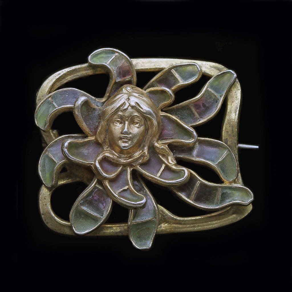 Jugendstil Nouveau Brooch Plique-a-jour Enamel Gilt Silver Meyle & Mayer (6313)