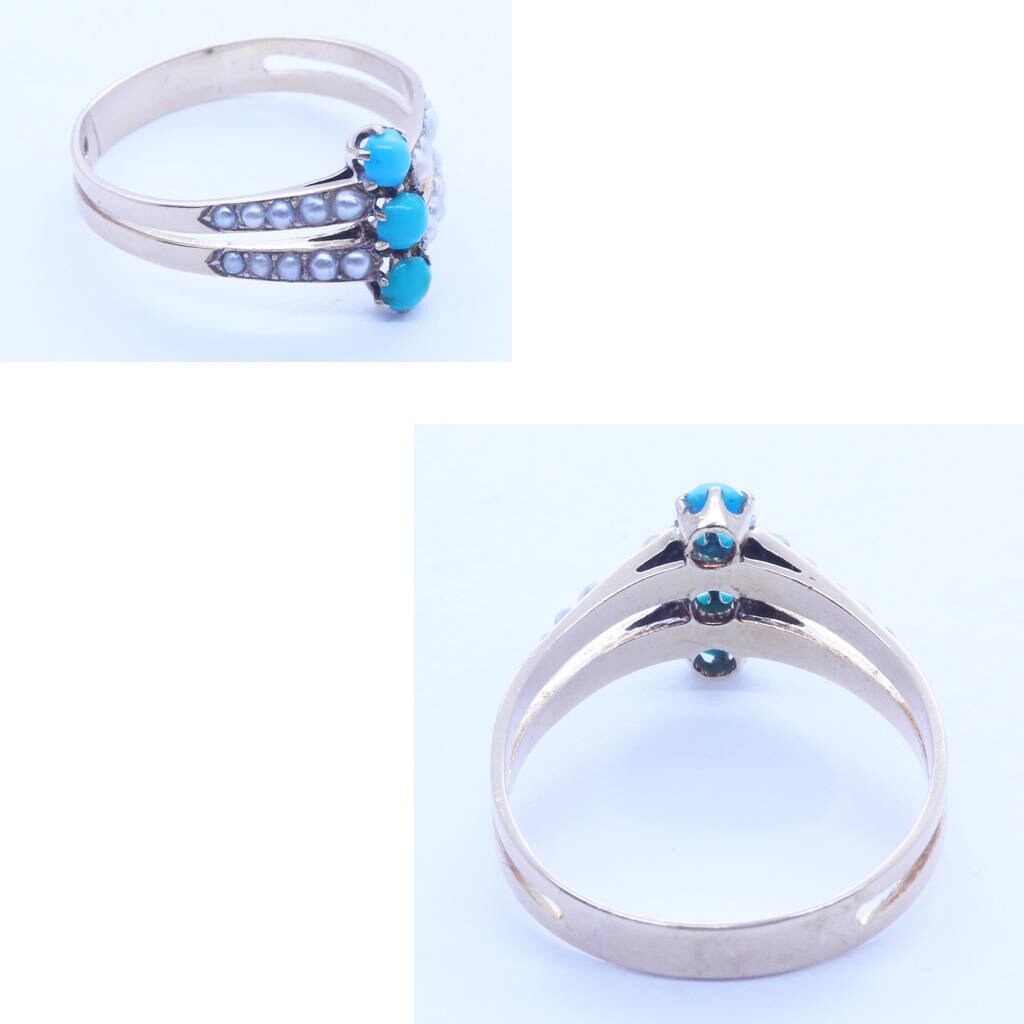 Antique Georgian Ring 18k Gold Turquoise Natural Pearls (6382)