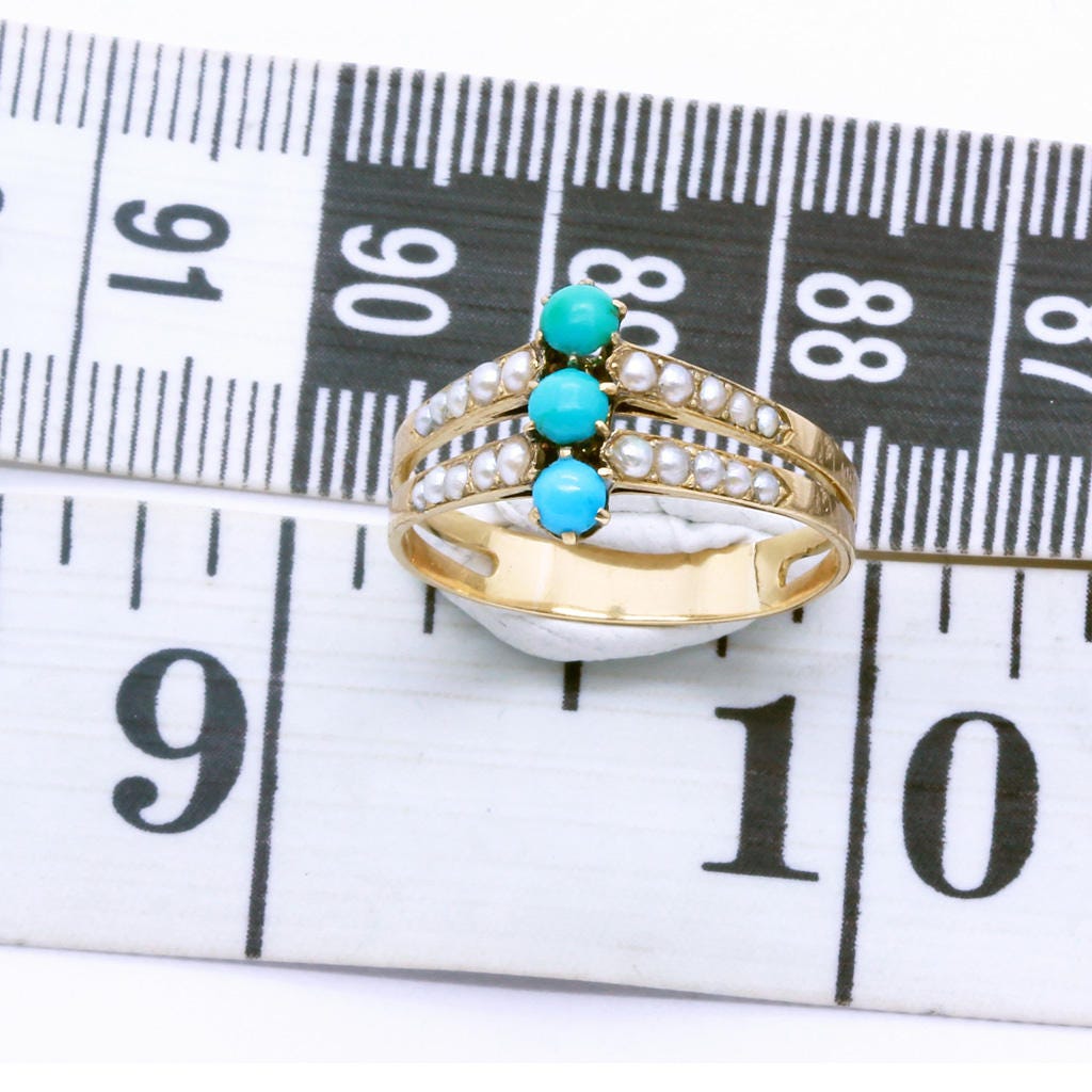 Antique Georgian Ring 18k Gold Turquoise Natural Pearls (6382)