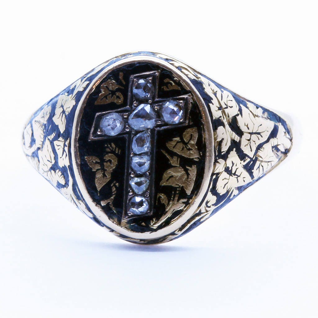 Antique Georgian Ring Religion Reliquary Gold Black Enamel Diamond Cross (6393)