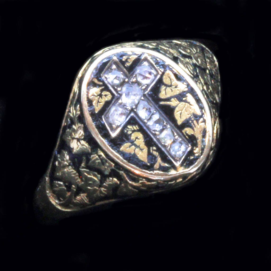 Antique Georgian Ring Religion Reliquary Gold Black Enamel Diamond Cross (6393)