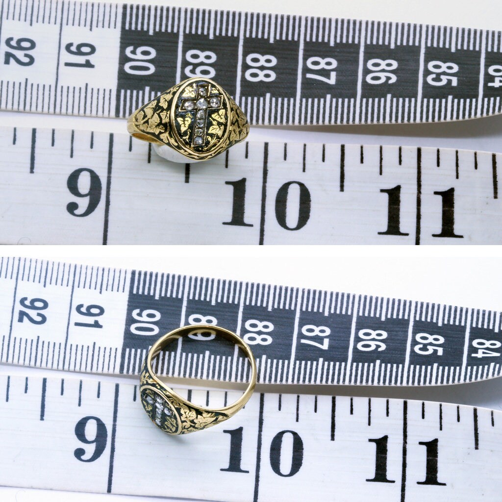 Antique Georgian Ring Religion Reliquary Gold Black Enamel Diamond Cross (6393)