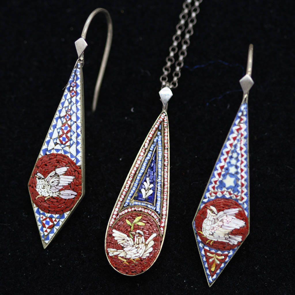 Antique Victorian Micro Mosaic Earrings Pendant Micromosaic Dove Set (4597)