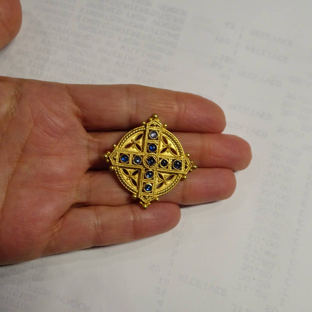 Castellani Brooch Cross 18k Gold Sapphires Victorian Renaissance Revival (6424)