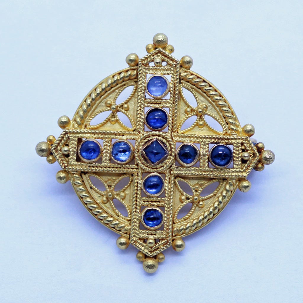 Castellani Brooch Cross 18k Gold Sapphires Victorian Renaissance Revival (6424)