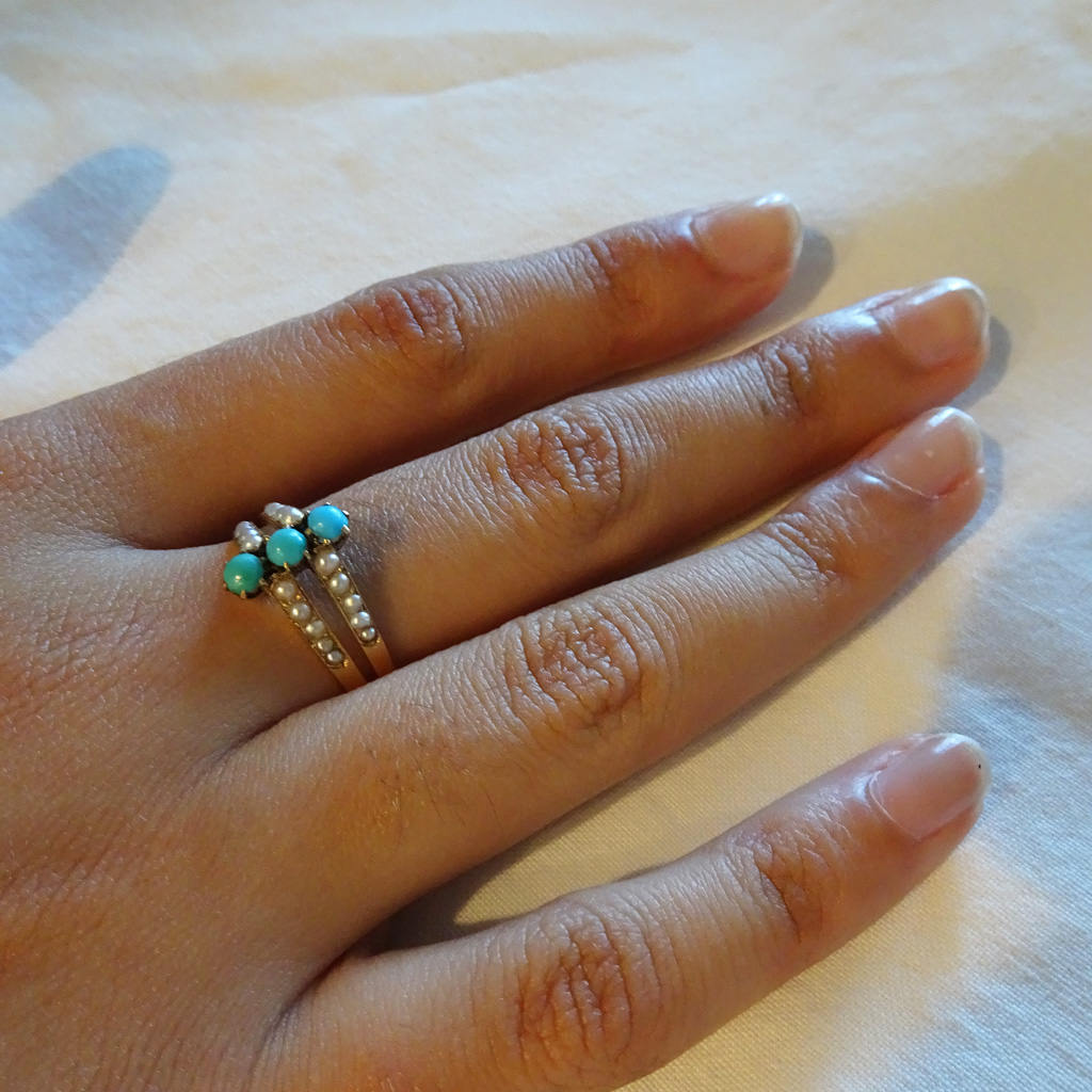 Antique Georgian Ring 18k Gold Turquoise Natural Pearls (6382)