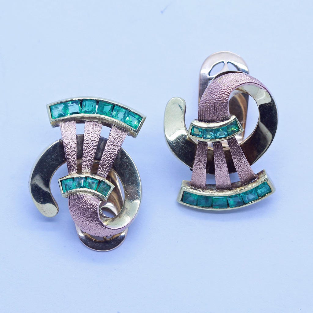 Vintage Retro Earrings Egyptian Revival 14k Gold Emeralds Austrian (6430)