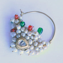 Antique Indian Nath Nose Ring high k Gold, Gem Paste & Pearls