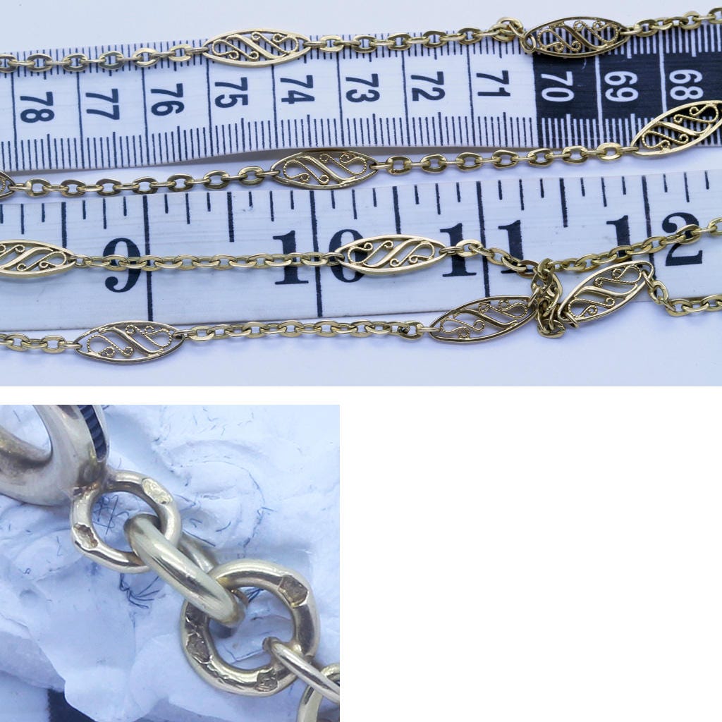 Antique Art Nouveau Long Chain Necklace Sautoir 18k Gold Filigree French (6384)