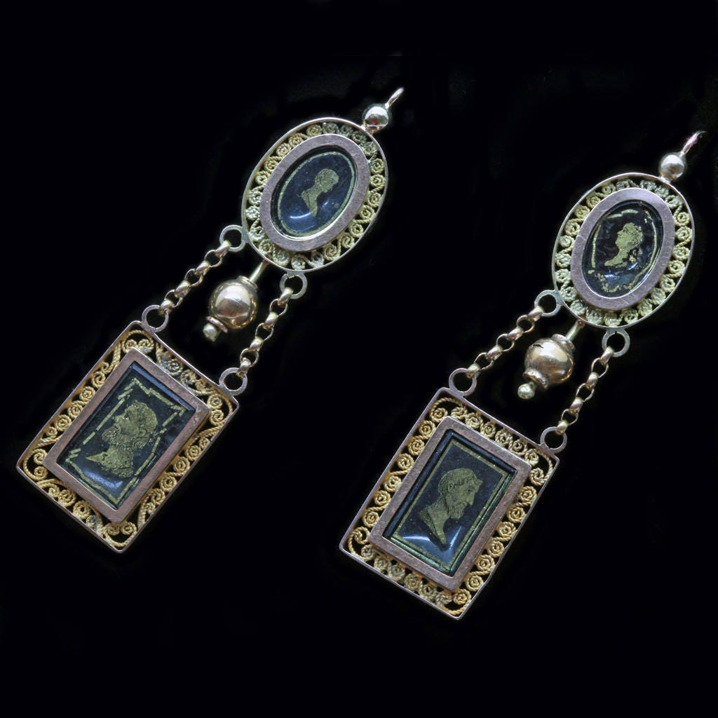 Antique Georgian Earrings Gold Portraits Man Woman French 18-19C (6391)