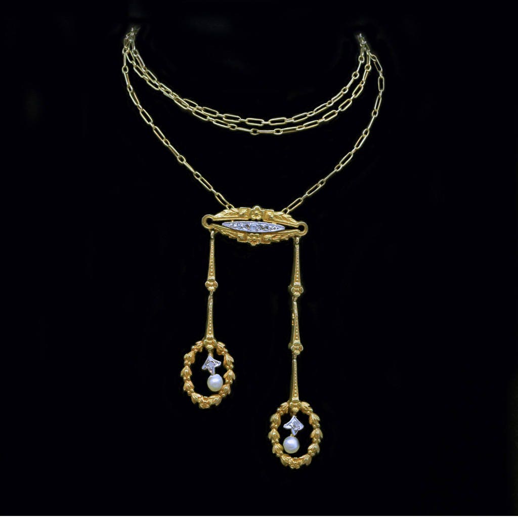 Antique Victorian Necklace Collier Neglige 18k Gold Diamonds Pearls French (6403)