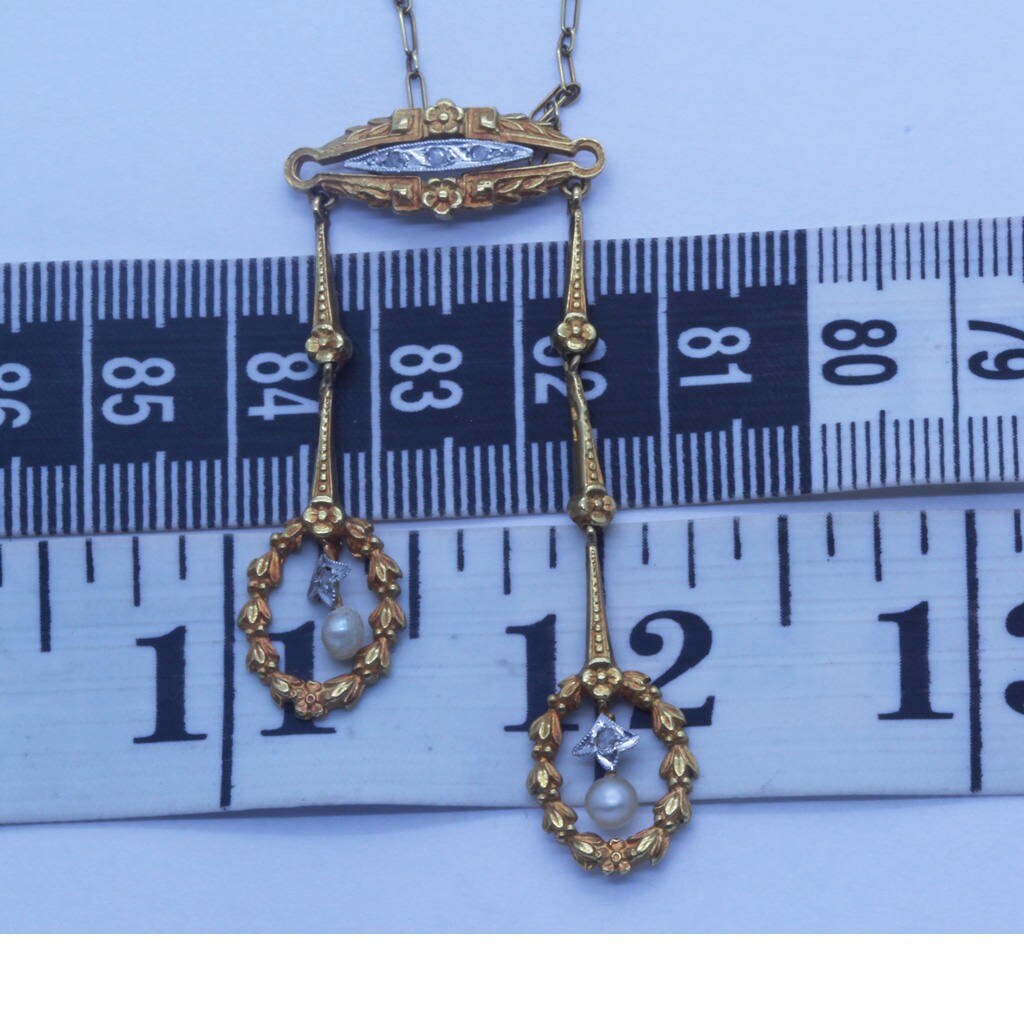 Antique Victorian Necklace Collier Neglige 18k Gold Diamonds Pearls French (6403)