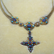 Georgian Necklace Pendant Cross Cannetille 18k Gold Turquoise Garnet (6425)